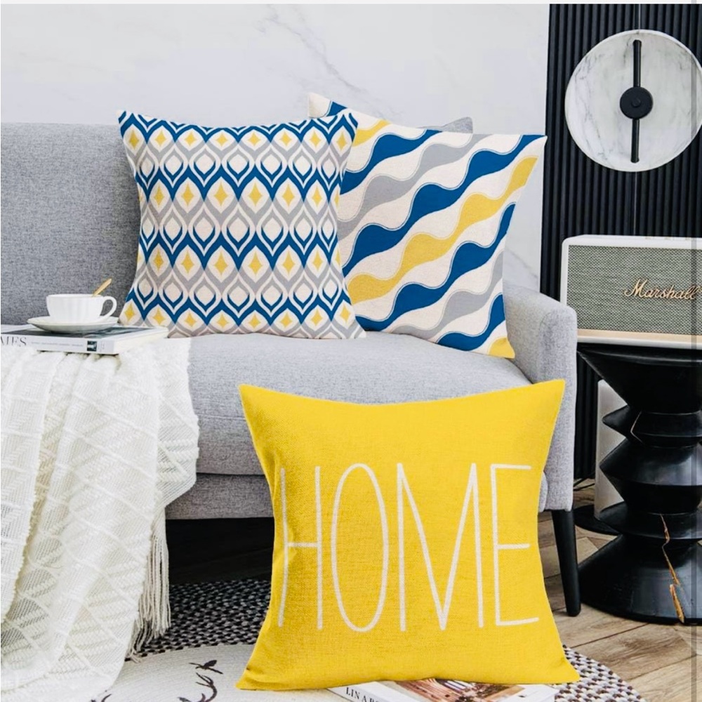 Geometric Set of 4 Throw Pillow Covers Blue Yellow Grey NEW - Picture 6 of 12